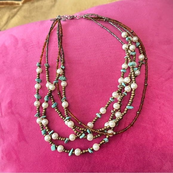 Woman’s 5 strand, multi beaded necklace, mixed beads, turquoise chips 5395 P - Picture 1 of 11